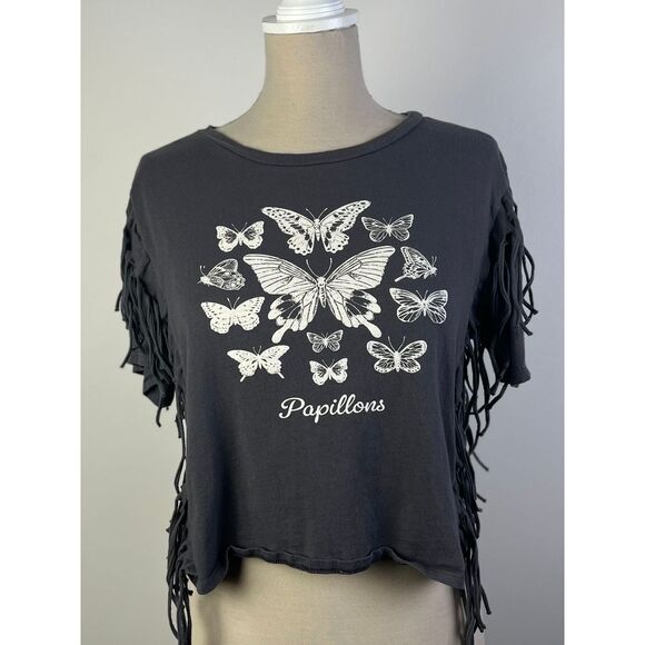 french pastry Tops - French Pastry Butterfly Graphic Crop Top with Fringe Sleeves Boho Festival Style